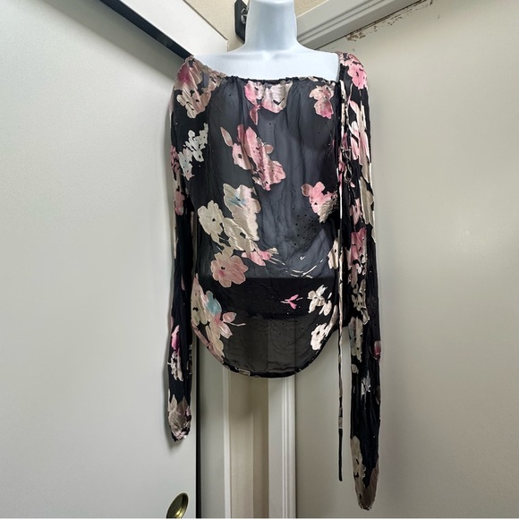St. John Tops - St. John Black and Pink Floral Silk Long Sleeve Blouse